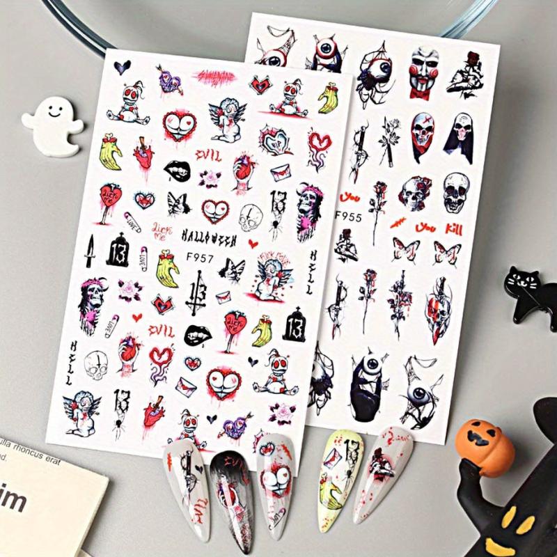 2pcs Spooky Halloween Nail Art Stickers - Ghost Joker Blood Skull Designs