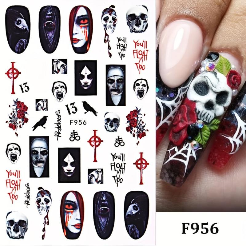 2pcs Spooky Halloween Nail Art Stickers - Ghost Joker Blood Skull Designs
