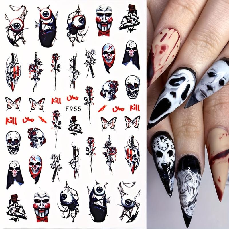 2pcs Spooky Halloween Nail Art Stickers - Ghost Joker Blood Skull Designs