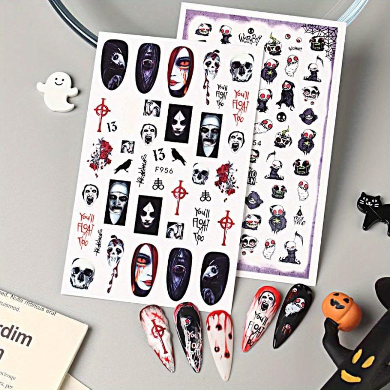 2pcs Spooky Halloween Nail Art Stickers - Ghost Joker Blood Skull Designs