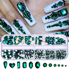 12 Grids 3D Flatback Nail Rhinestones Kit AB Crystal Rhinestones Nail Charms
