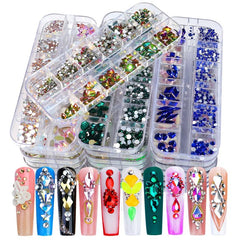 12 Grids 3D Flatback Nail Rhinestones Kit AB Crystal Rhinestones Nail Charms
