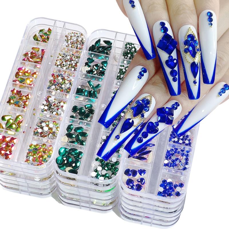 12 Grids 3D Flatback Nail Rhinestones Kit AB Crystal Rhinestones Nail Charms