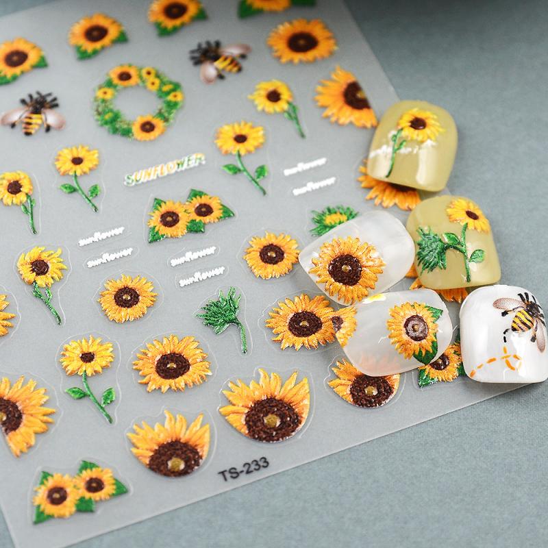 Summer Sunflower Bee Nail Art Stickers 5D Embossed Nail Art Decals