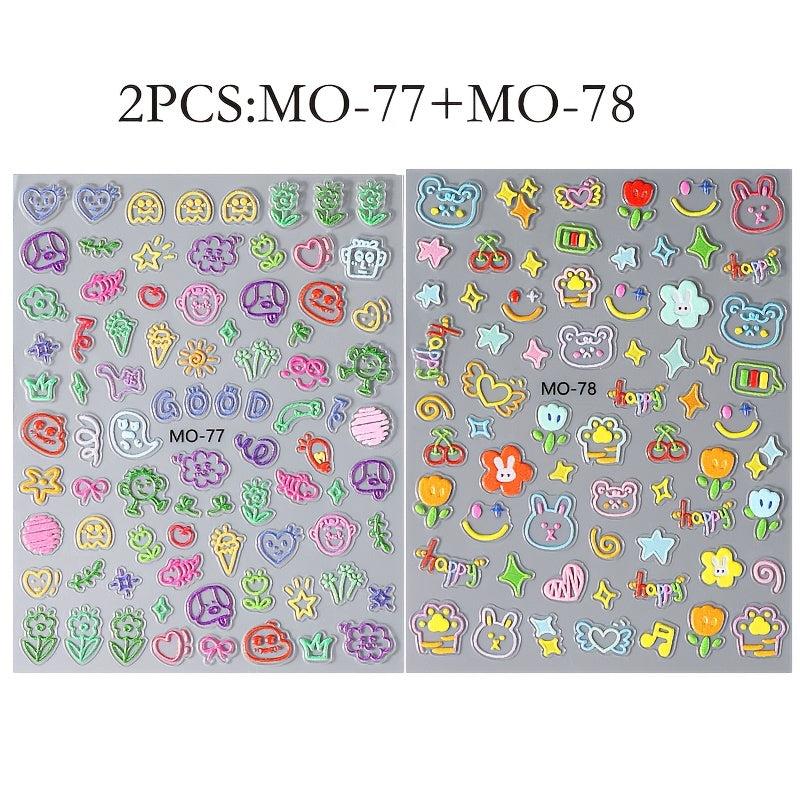 2 Sheets 5D Embossed Graffiti Cartoon Nail Stickers