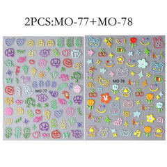 2 Sheets 5D Embossed Graffiti Cartoon Nail Stickers