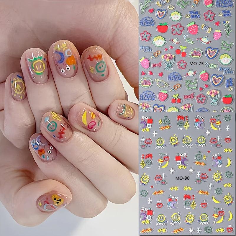 2 Sheets 5D Embossed Graffiti Cartoon Nail Stickers