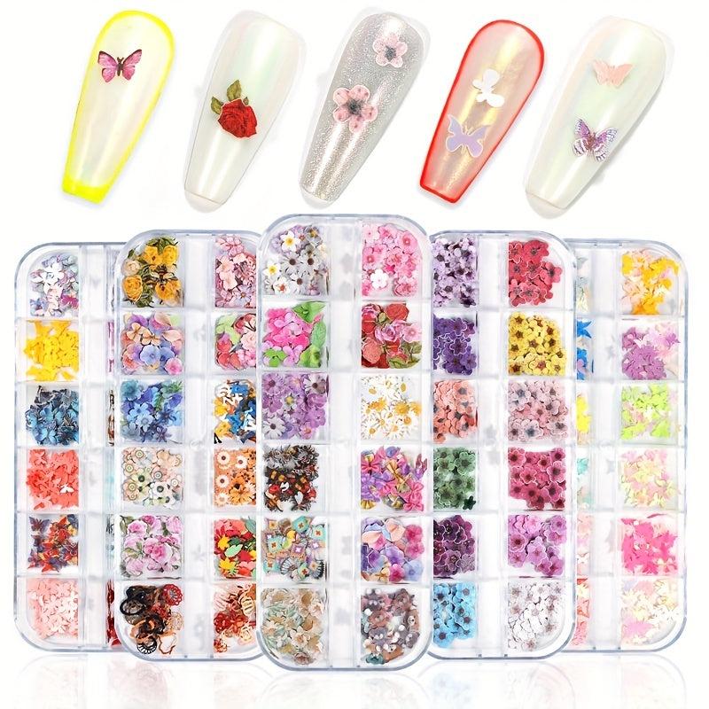 12 Grid Dried Flower Nail Charms Halloween Christmas Nail Art Accessories