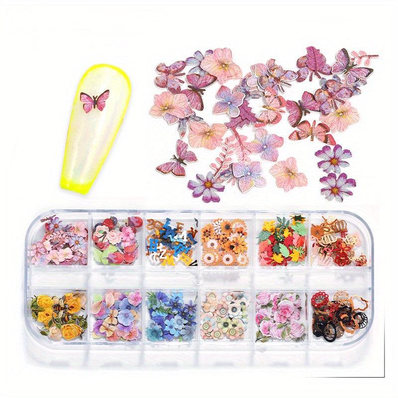 12 Grid Dried Flower Nail Charms Halloween Christmas Nail Art Accessories