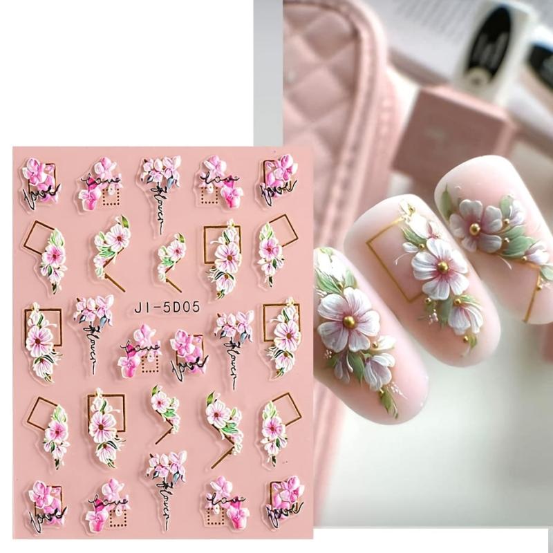5D Embossed Flower Nail Art Stickers Self Adhesive Decals