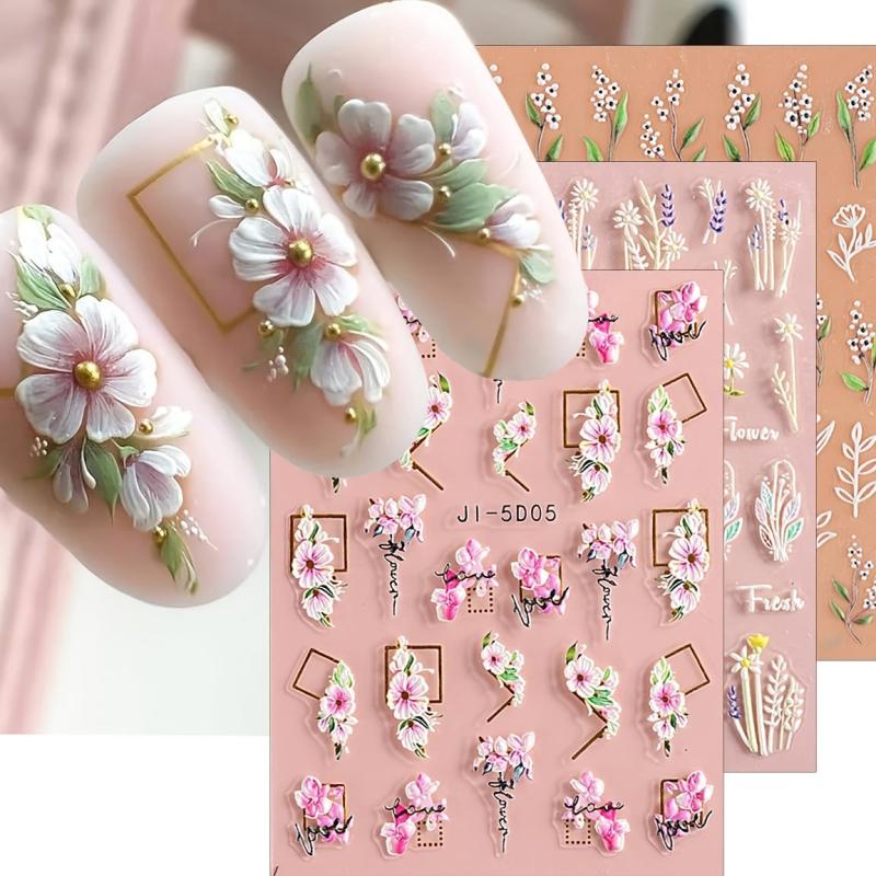 5D Embossed Flower Nail Art Stickers Self Adhesive Decals