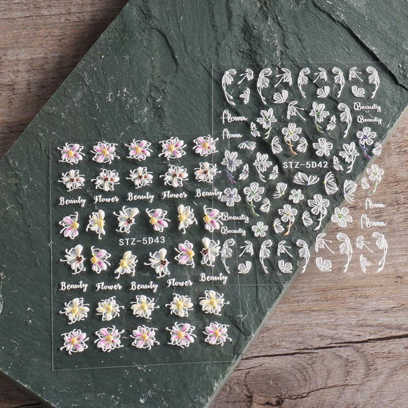 5D Embossed Flowers Nail Stickers Engraved Butterfly Decals Wedding Nail Designs