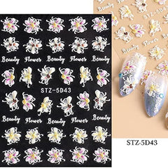 5D Embossed Flowers Nail Stickers Engraved Butterfly Decals Wedding Nail Designs