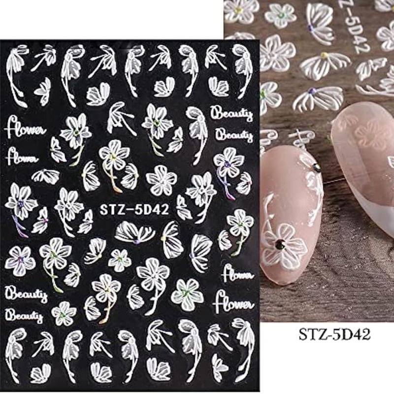 5D Embossed Flowers Nail Stickers Engraved Butterfly Decals Wedding Nail Designs