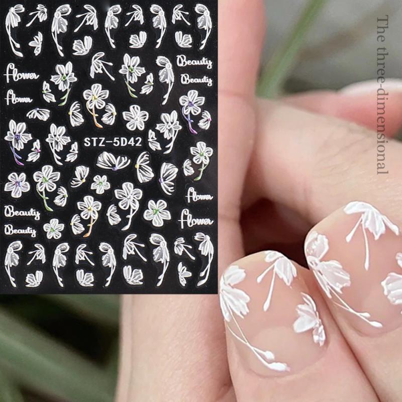 5D Embossed Flowers Nail Stickers Engraved Butterfly Decals Wedding Nail Designs