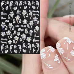 5D Embossed Flowers Nail Stickers Engraved Butterfly Decals Wedding Nail Designs