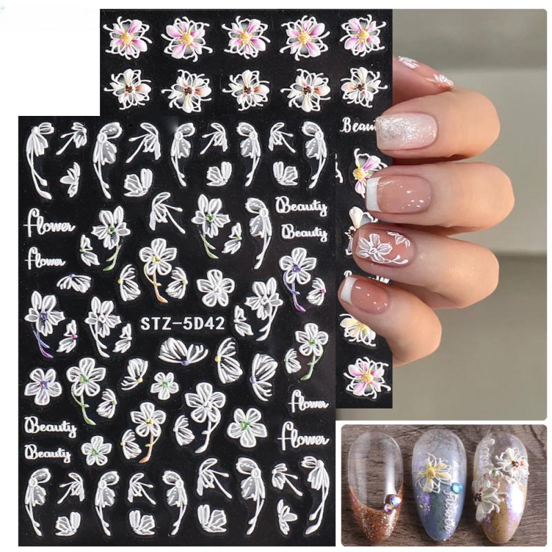 5D Embossed Flowers Nail Stickers Engraved Butterfly Decals Wedding Nail Designs