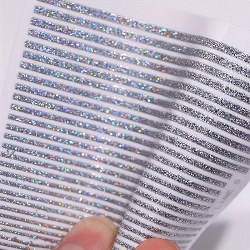 3D Glitter Lines Nail Stickers Holographic Art Metal Stripe Decals