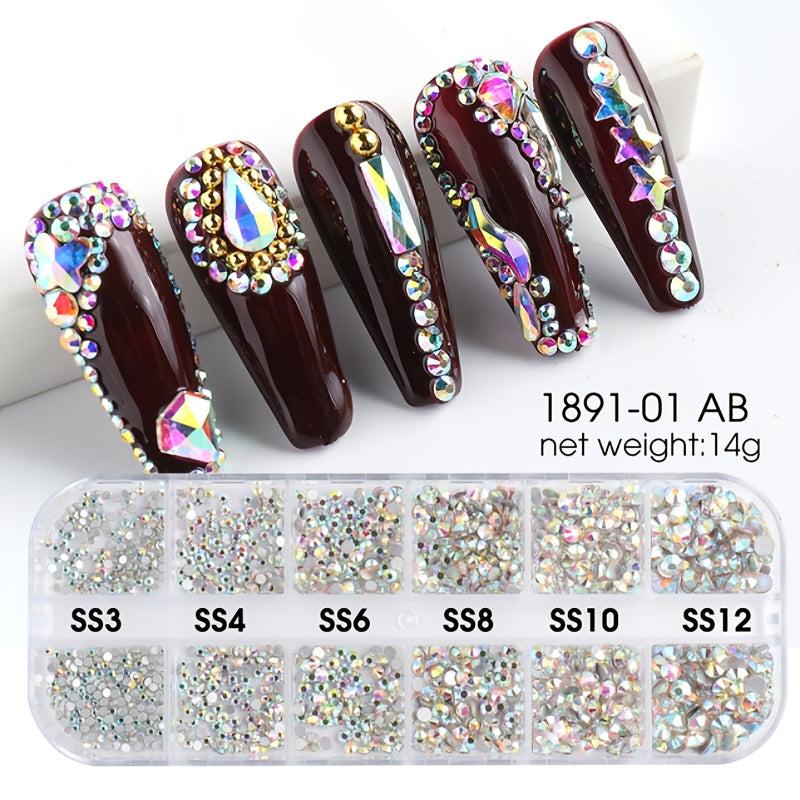 Iridescent AB Rhinestones for Nail Art 12 Grids Gemstones