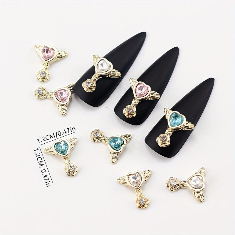 10pcs Alloy Nail Art Charms Heart Rhinestones Wing Nail Accessories Gemstones