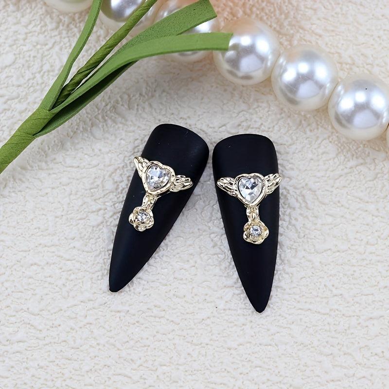 10pcs Alloy Nail Art Charms Heart Rhinestones Wing Nail Accessories Gemstones