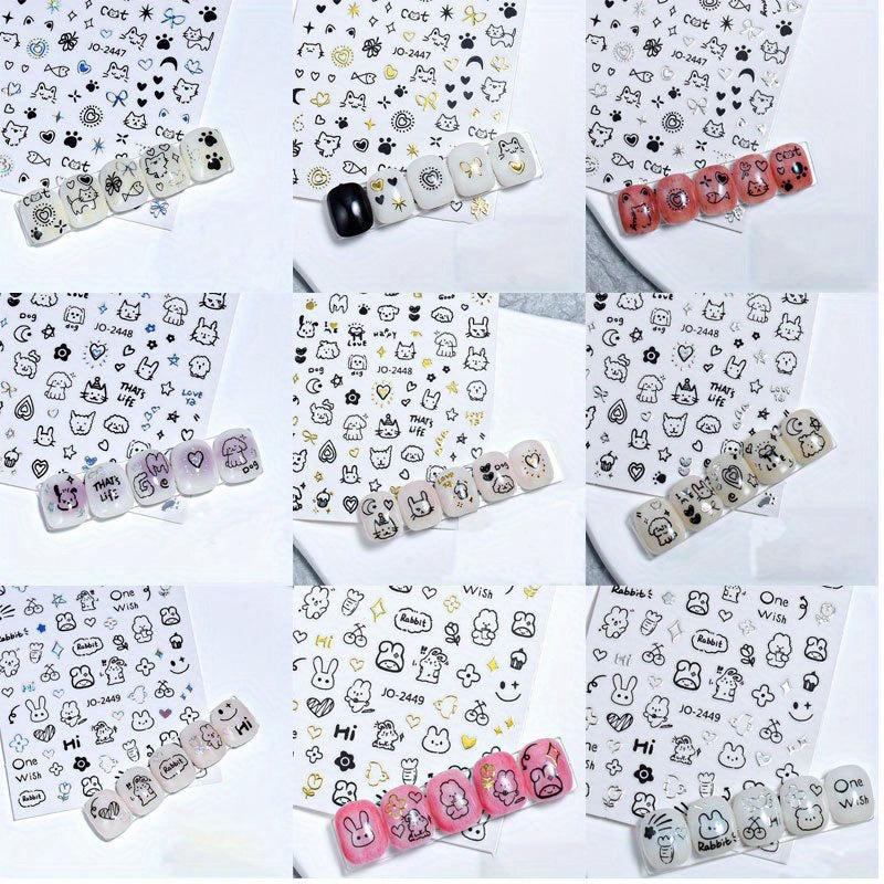 9 Sheets Kitten Fish Nail Art Stickers Self Adhesive Graffiti Nail Art Decals