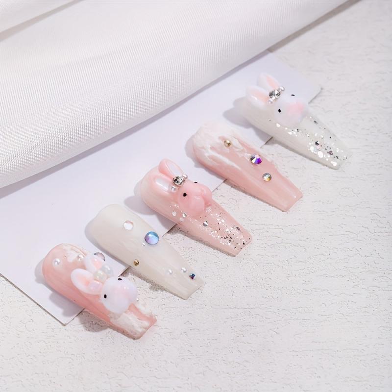 10pcs Bunny Nail Art Charms with Rhinestones and Pearls