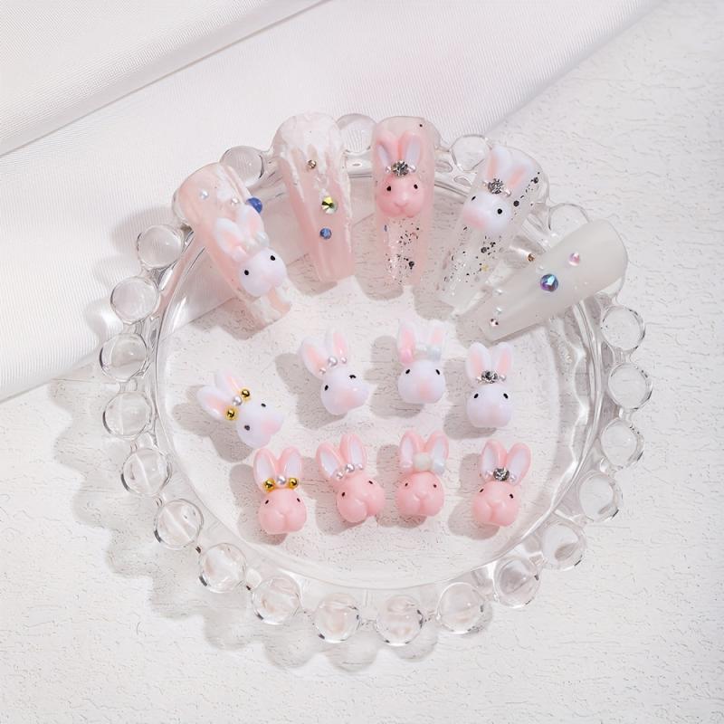 10pcs Bunny Nail Art Charms with Rhinestones and Pearls