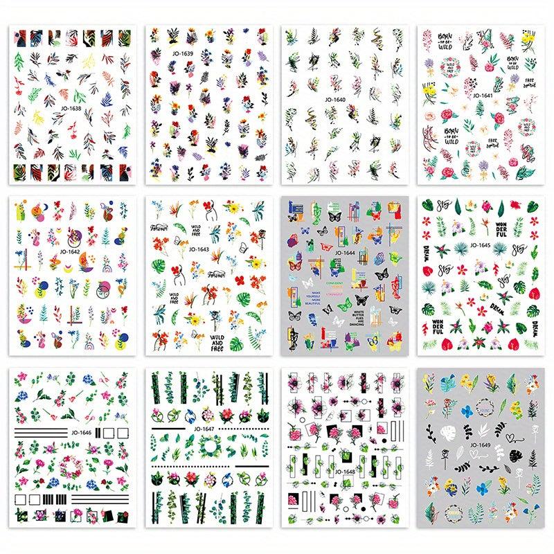 12pcs Flower Leaf Nail Art Stickers Self Adhesive Plant Nail Art Decals
