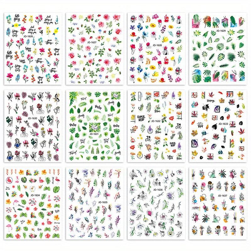 12pcs Flower Leaf Nail Art Stickers Self Adhesive Plant Nail Art Decals