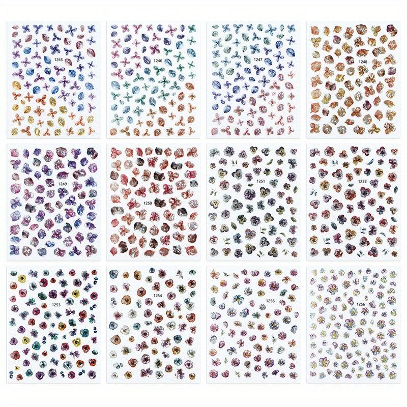 12pcs Laser Flower Leaf Nail Art Stickers Self Adhesive Decals DIY Nail Salons