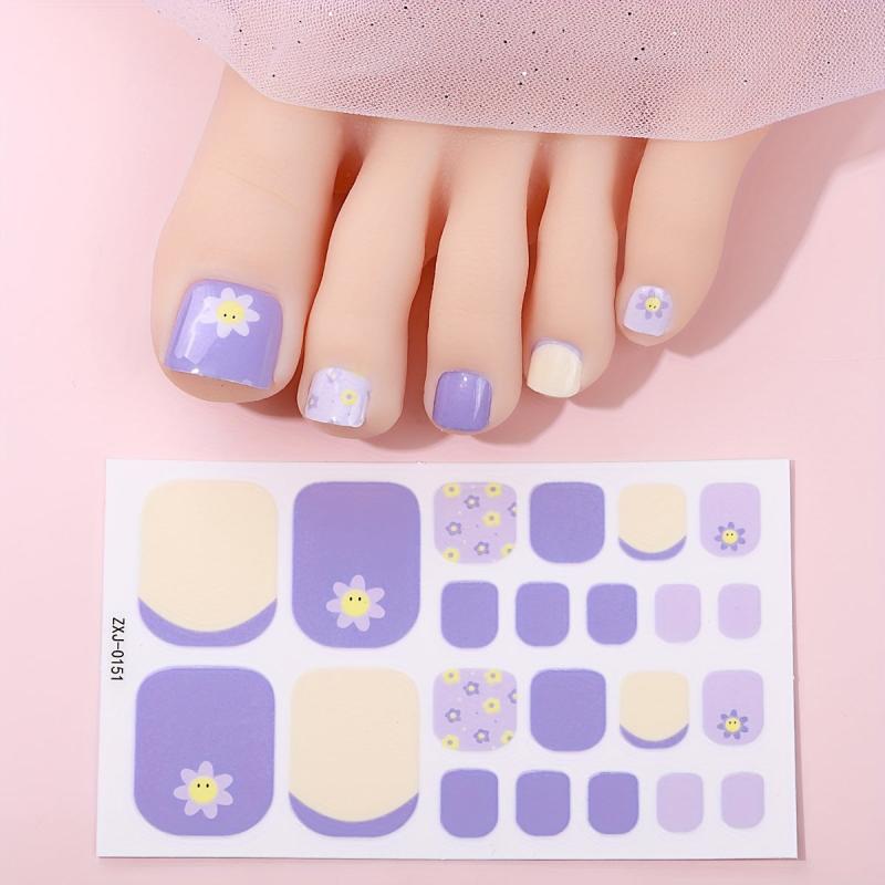 Summer Flower Toe Nail Stickers Full Nail Wraps Self Adhesive Geometric Line