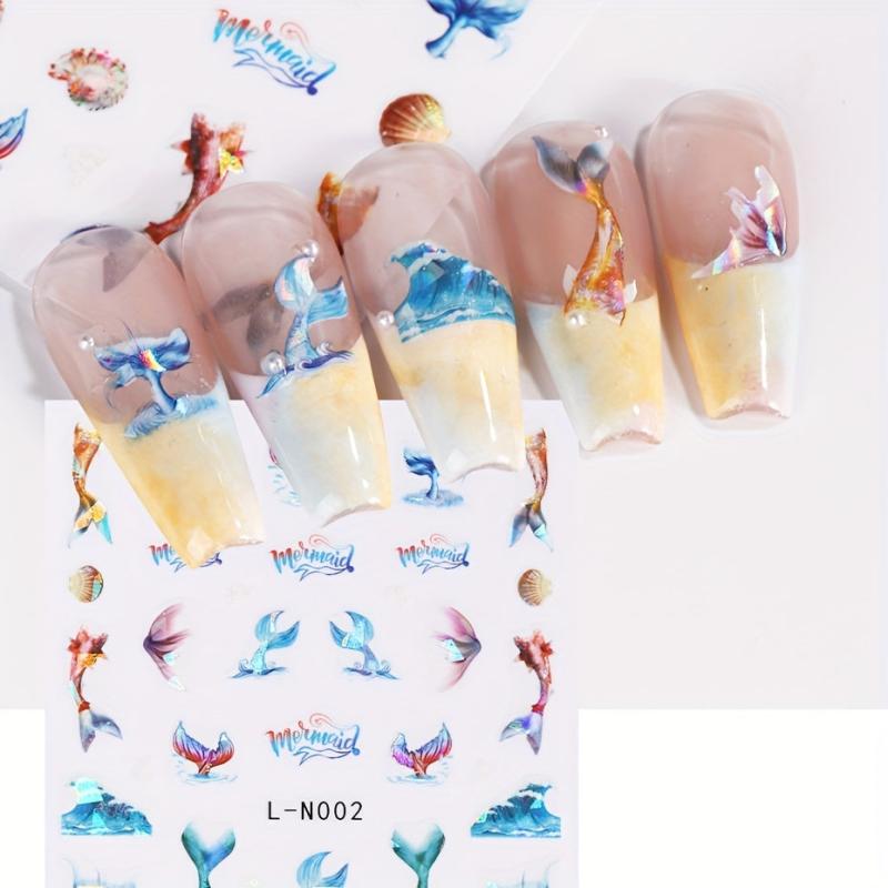6pcs Mermaid Tail 3D Nail Art Stickers Holographic Laser Glitter DIY Nail Decor