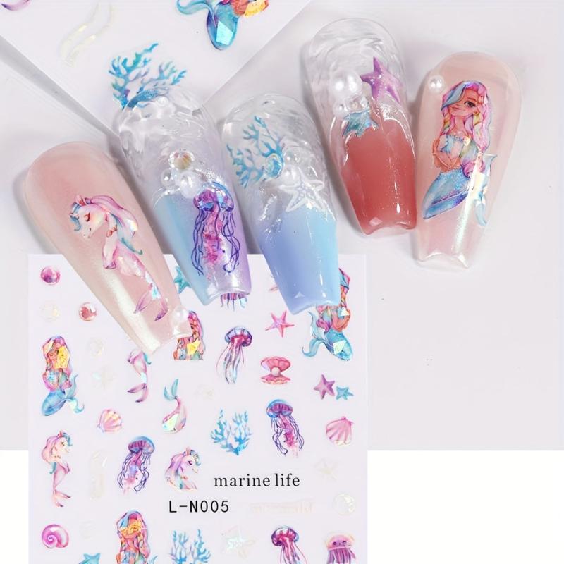 6pcs Mermaid Tail 3D Nail Art Stickers Holographic Laser Glitter DIY Nail Decor