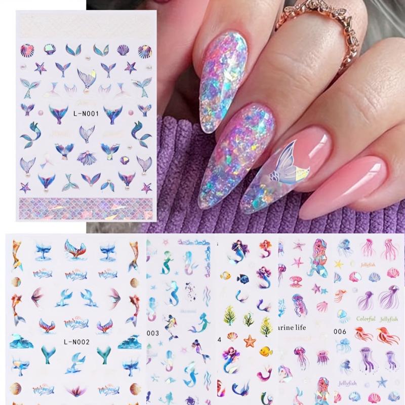 6pcs Mermaid Tail 3D Nail Art Stickers Holographic Laser Glitter DIY Nail Decor