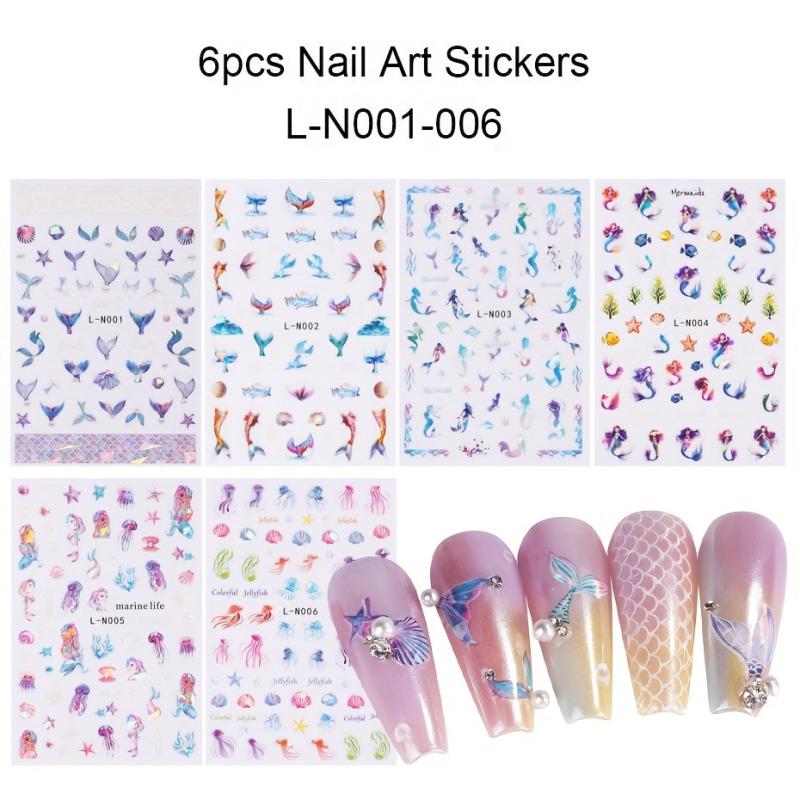 6pcs Mermaid Tail 3D Nail Art Stickers Holographic Laser Glitter DIY Nail Decor
