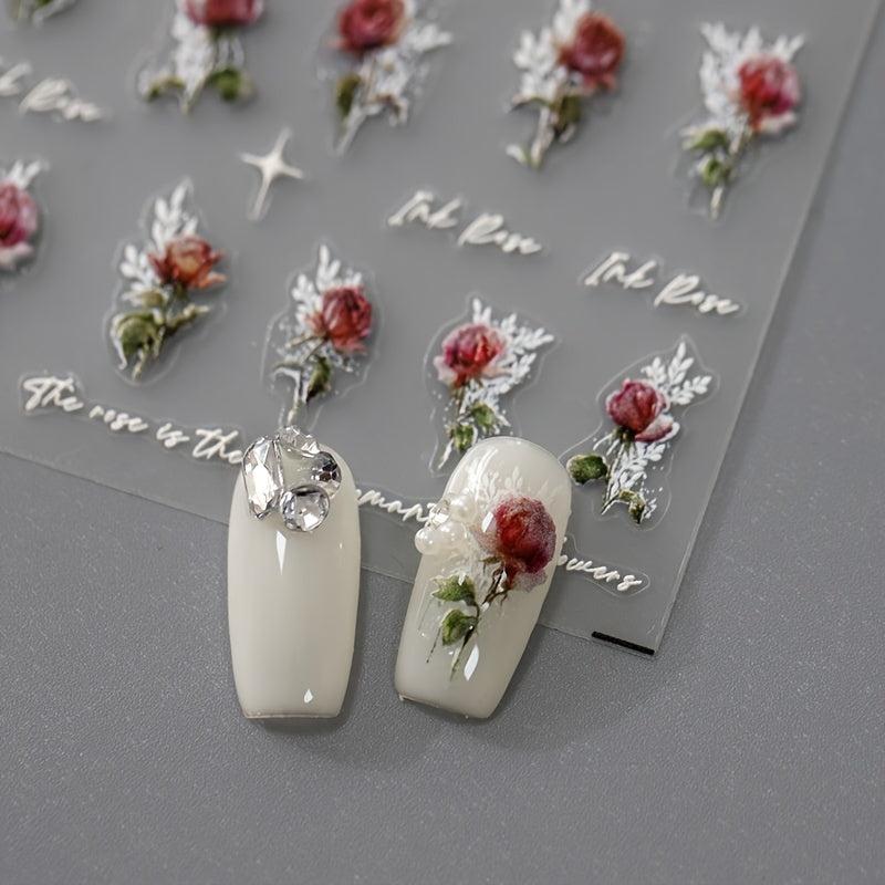 5D Embossed Rose Nail Art Stickers - Self Adhesive Nail Decals