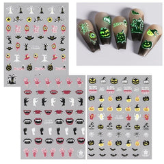 3pcs 3D Luminous Halloween Nail Stickers Self Adhesive Nail Art Decals