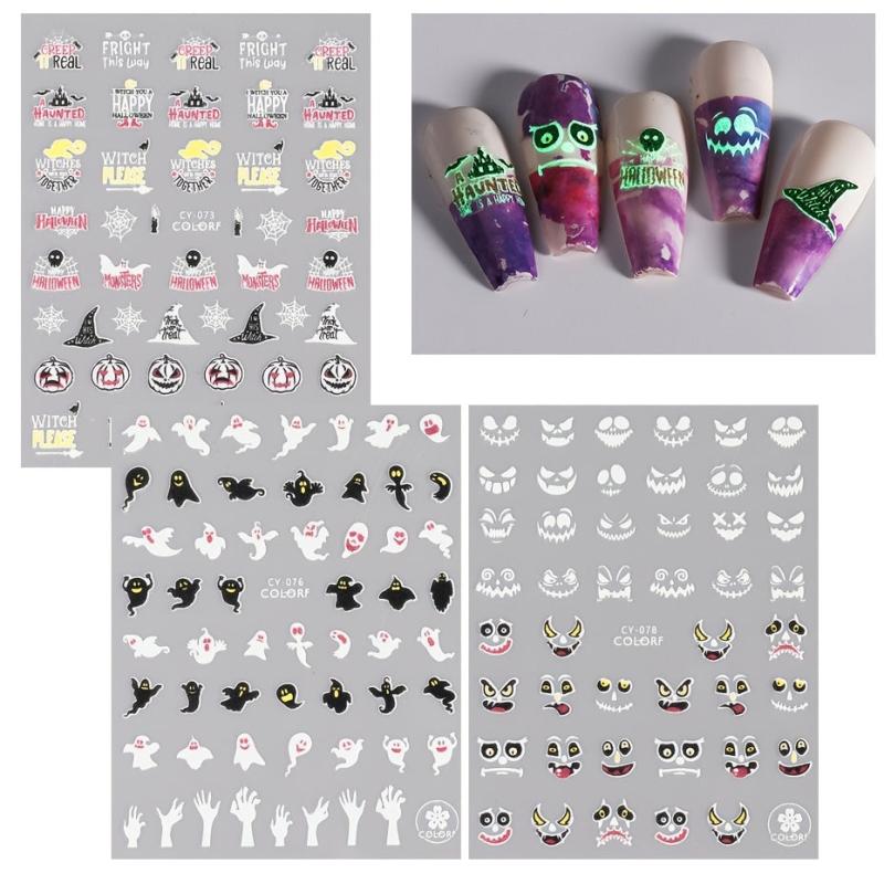 3pcs 3D Luminous Halloween Nail Stickers Self Adhesive Nail Art Decals