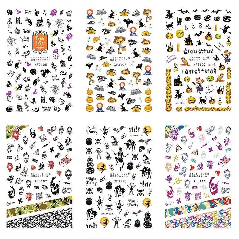 12pcs Halloween Nail Water Transfer Stickers Skull Bat Pumpkin