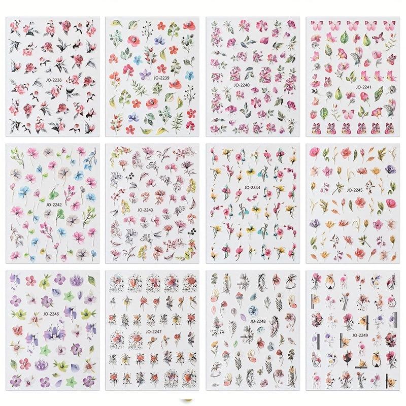 12pcs Colorful Flower Nail Art Stickers Self Adhesive Decals