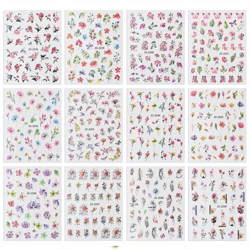 12pcs Colorful Flower Nail Art Stickers Self Adhesive Decals
