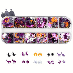 12 Grid Halloween Nail Glitter Sequins Pumpkin Skull Spider Witch
