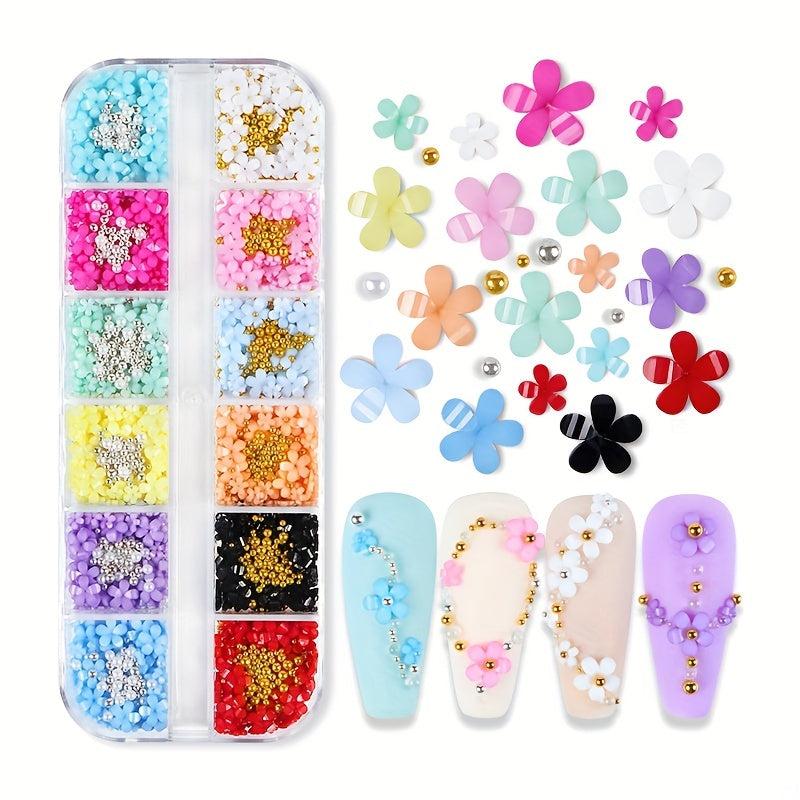 12 Colors 3D Flower Nail Charms with Rhinestones and Caviar Beads DIY Nail Art