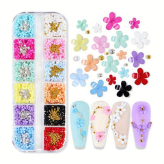 12 Colors 3D Flower Nail Charms with Rhinestones and Caviar Beads DIY Nail Art