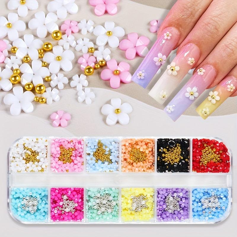 12 Colors 3D Flower Nail Charms with Rhinestones and Caviar Beads DIY Nail Art