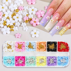 12 Colors 3D Flower Nail Charms with Rhinestones and Caviar Beads DIY Nail Art
