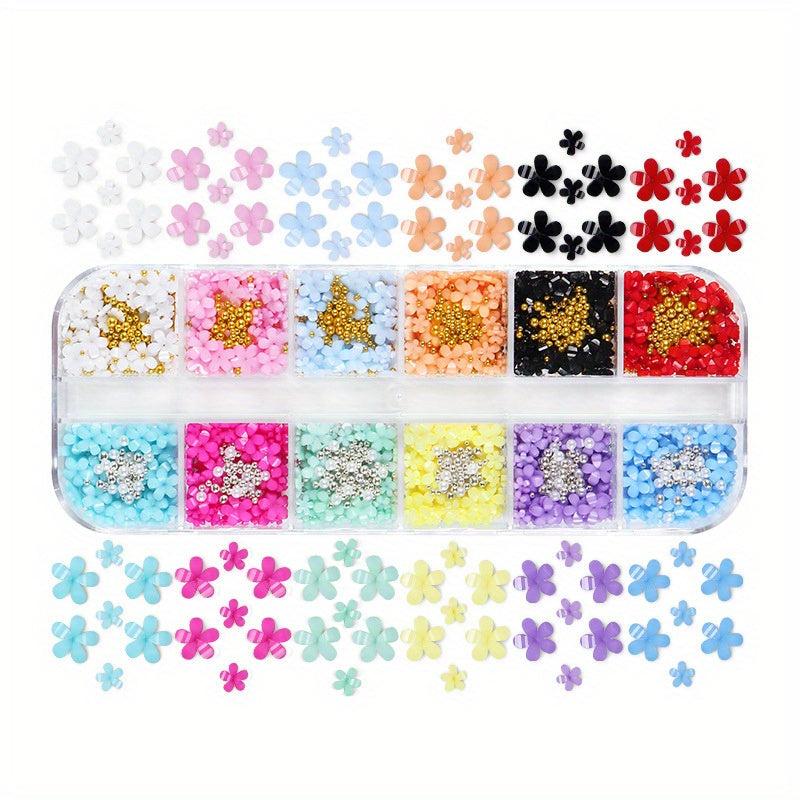 12 Colors 3D Flower Nail Charms with Rhinestones and Caviar Beads DIY Nail Art