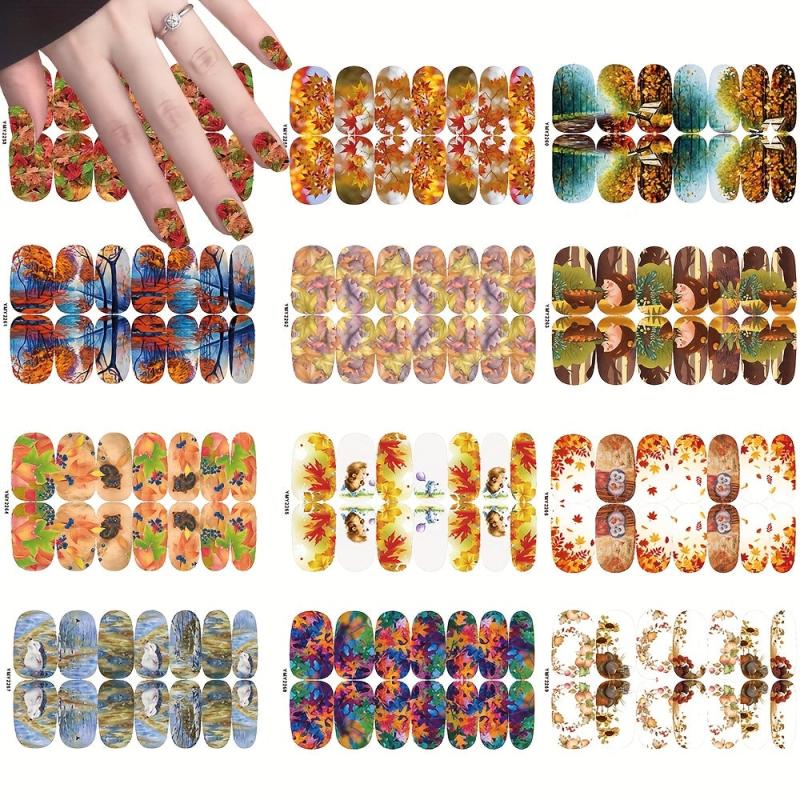 12 Sheets Fall Nail Art Decal Thanksgiving Full Nail Wrap Maple Leaf Nail Sticke