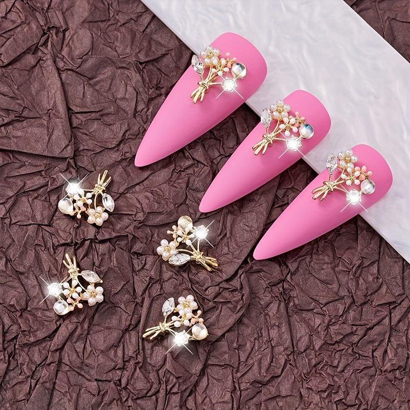 2pcs 3D Zircon Rhinestone Pearl Flowers Nail Art Charms for DIY Crafts